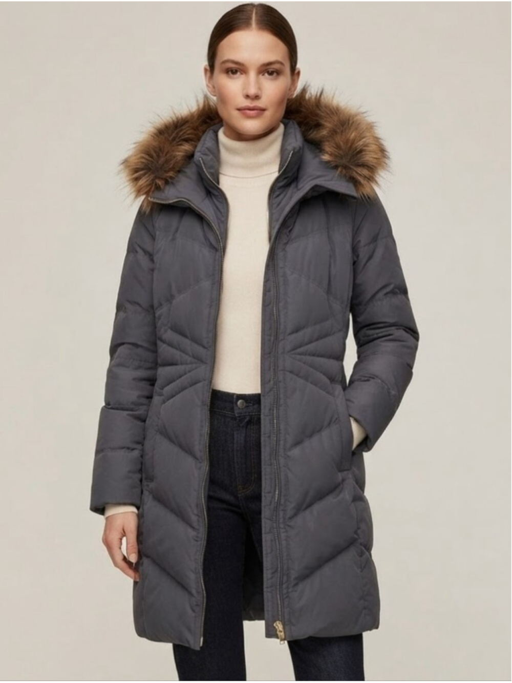 Down Feather Puff Coat Parka Puffer Jacket Faux Fur Hood Trim Charcoal Sz XL